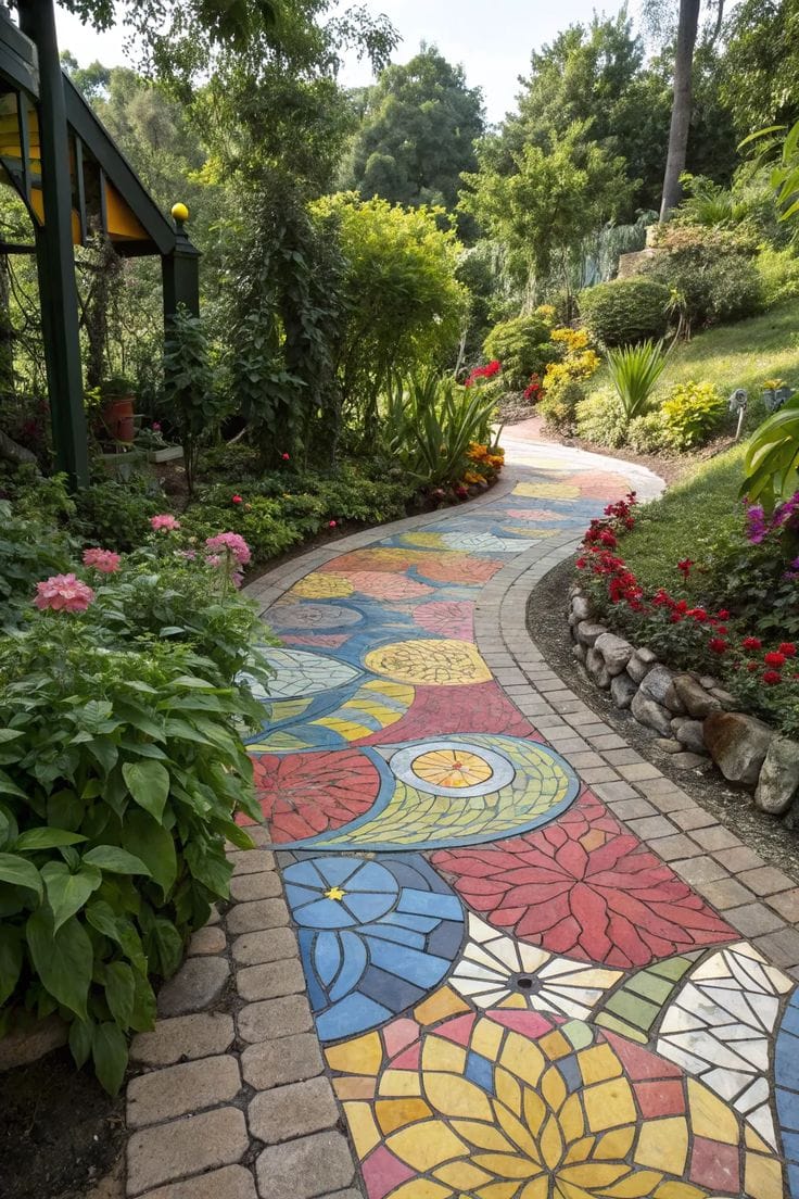 Colorful mosaic garden pathway with floral artistic patterns surrounded by lush greenery and landscaped flowers.