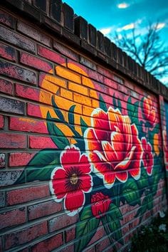: A large, colorful teal and orange mandala mural painted on a white-painted cinder block wall in an outdoor patio area with a wooden bench and potted plants.