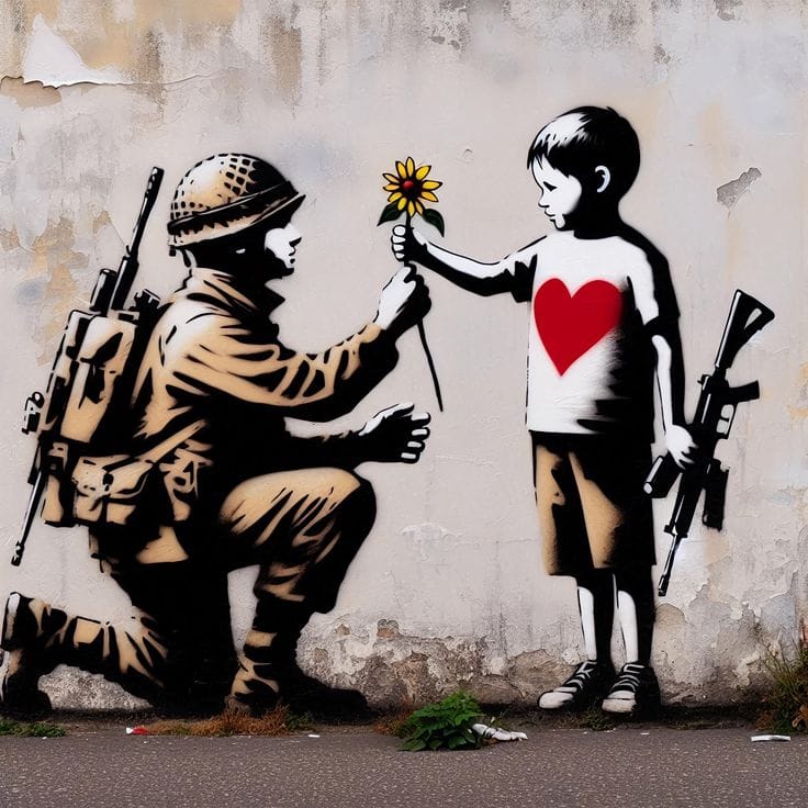 Black and white stencil mural of a soldier receiving a yellow flower from a child wearing a heart t-shirt.