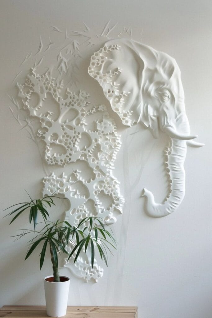 3D relief mural of an elephant sculpted wall art with detailed texture and depth