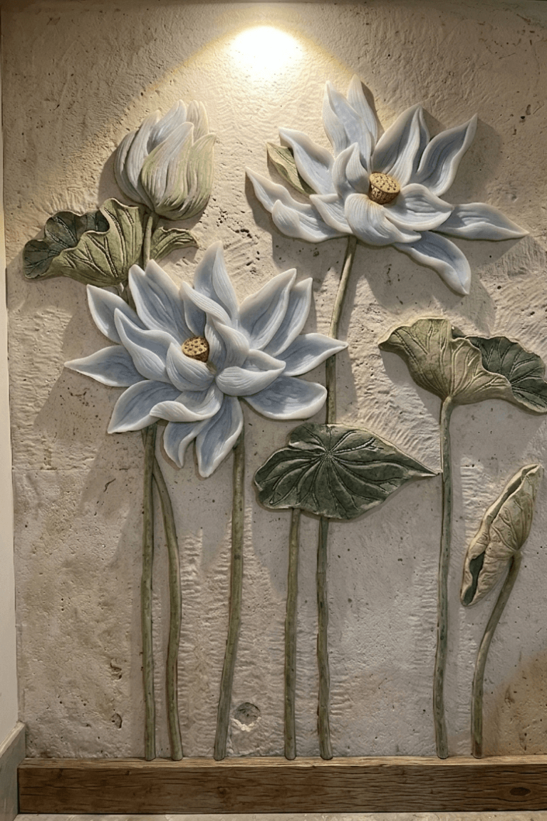 A vertical wall-mounted relief sculpture featuring three-dimensional lotus flowers and large green leaves on a textured, sand-colored stone background. The lotuses are pale white with subtle blue shading, and a warm spotlight shines down from the top, casting soft shadows that emphasize the depth of the carving.