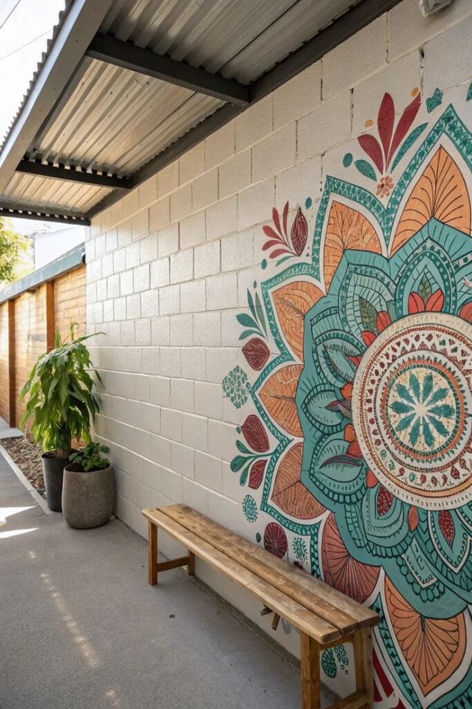 Close-up perspective of a red brick wall featuring a vibrant spray-painted mural of pink and red flowers with green leaves against a yellow sun background.