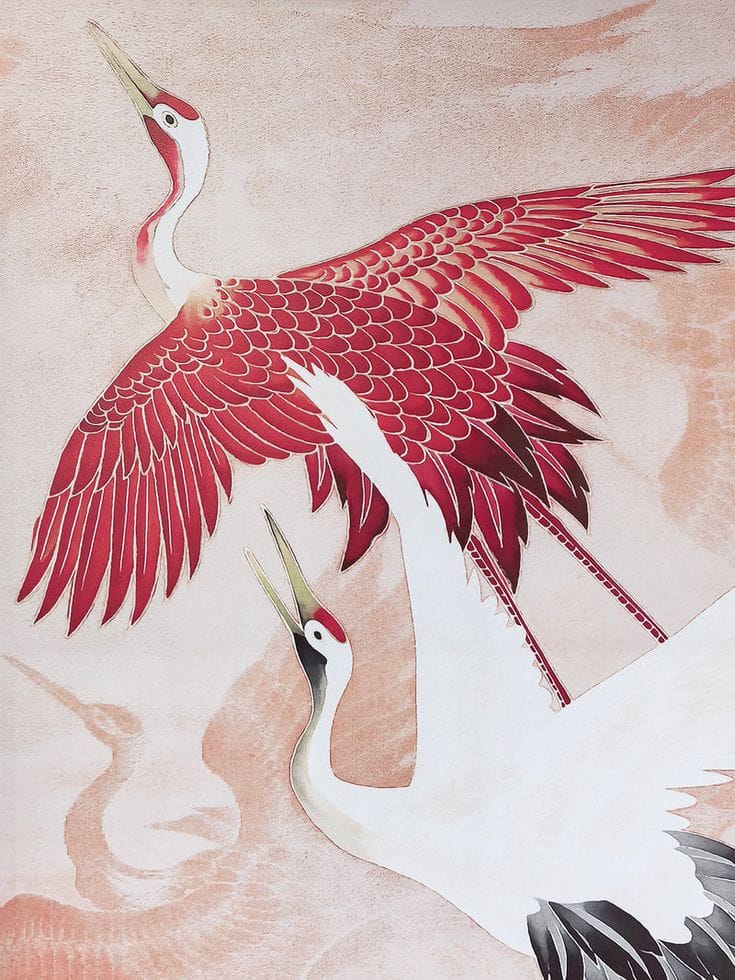 A detailed hand-painted wall mural featuring two elegant cranes in flight with intricate red and white plumage against a soft, textured beige background.