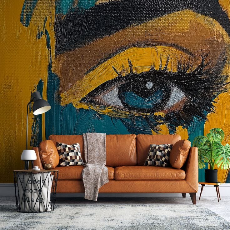 Tropical jungle wall mural in bedroom with green leaves and modern interior design style