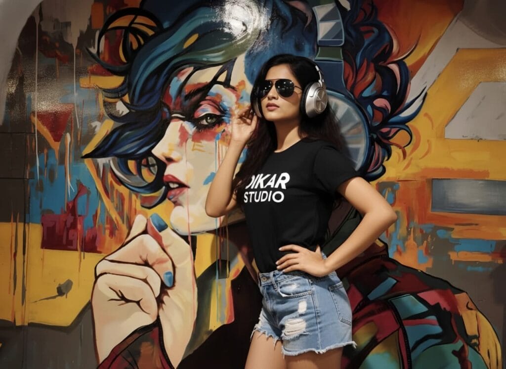 A woman wearing an Oikar Studio t-shirt and headphones poses in front of a colorful, abstract street-art style mural of a face.