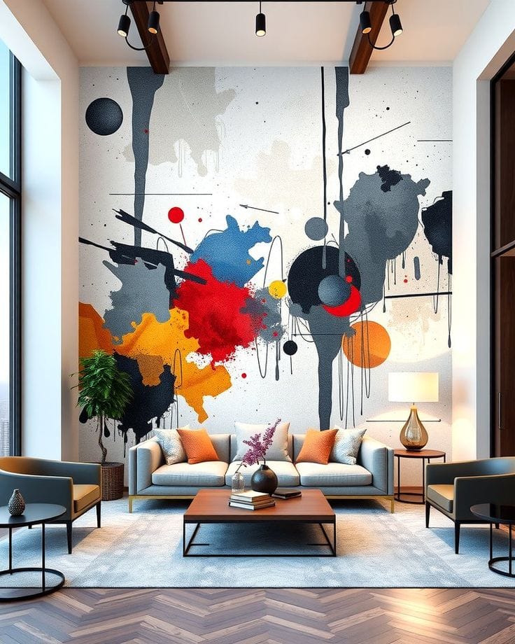 Abstract mural painting with bold colors and modern design in a luxury living room interior