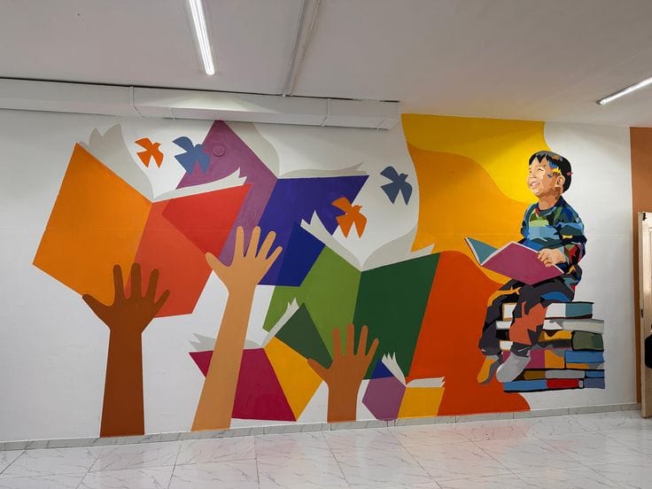 A vibrant wall mural featuring a young boy sitting on a stack of books reading, with colorful stylized books flying like birds and reaching hands below.