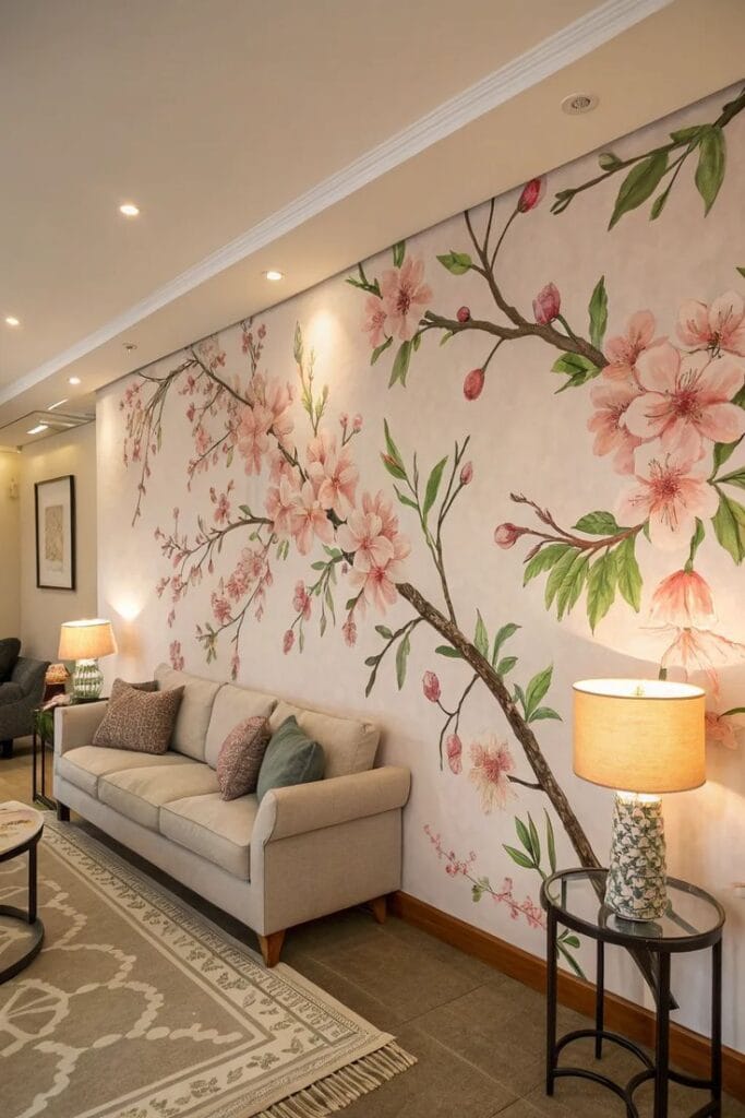 A wide living room wall adorned with a delicate hand-painted mural of pink cherry blossom branches extending across a neutral-toned background, set behind a beige sofa.