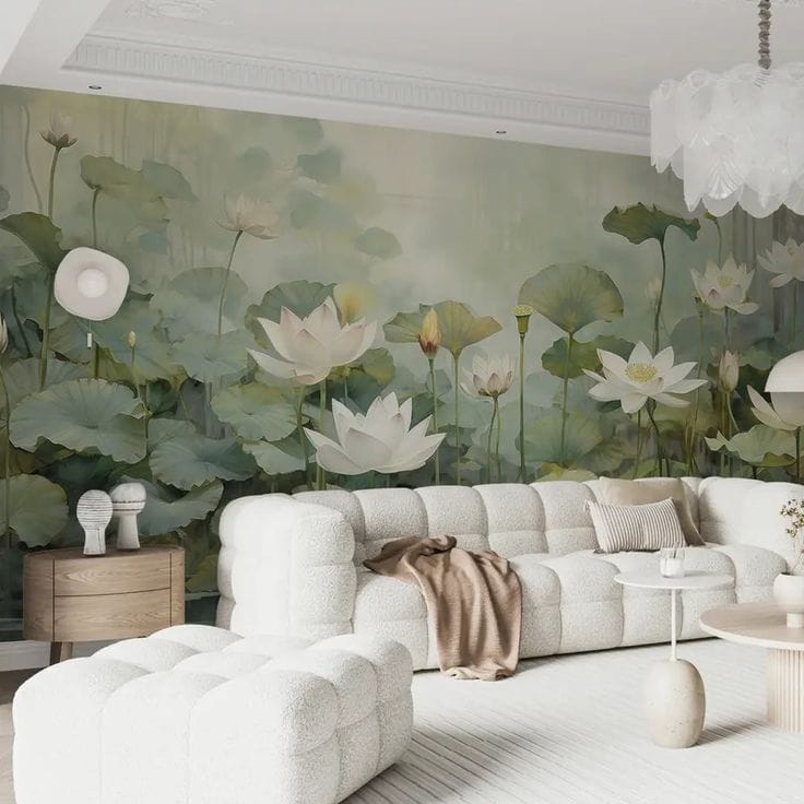 A large-scale wall mural featuring soft green lotus leaves and white blooming lotus flowers behind a modern white tufted sofa in a bright, minimalist living room.