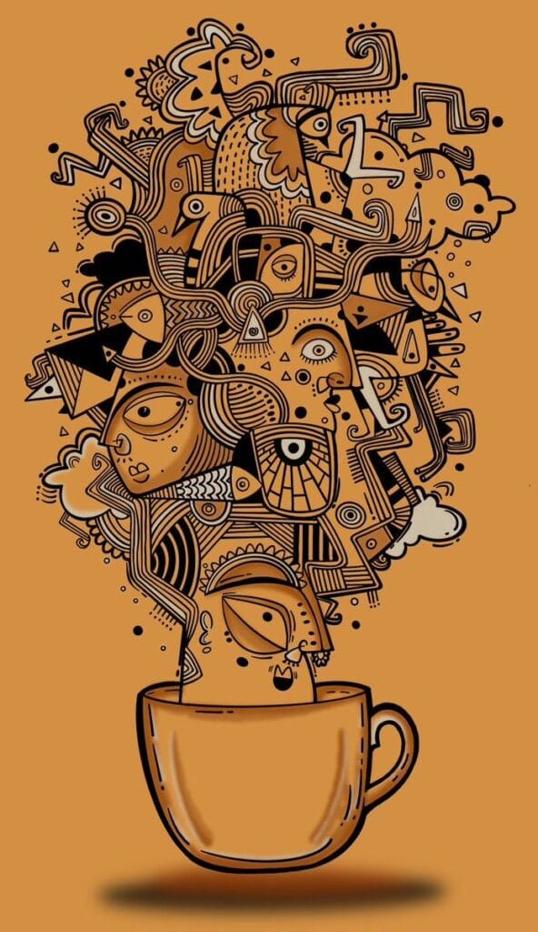 A detailed hand-drawn illustration showing a complex jumble of abstract faces, eyes, gears, lines, and patterns exploding like steam from an orange coffee cup against an orange background.