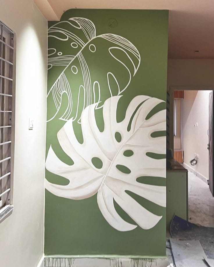 Monstera Leaf Wall Mural on Primed Surface