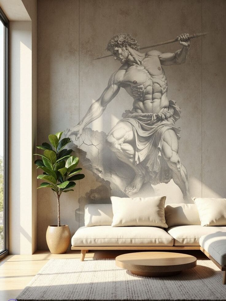 Classical figure mural created using dry wall art mediums in modern living room interior