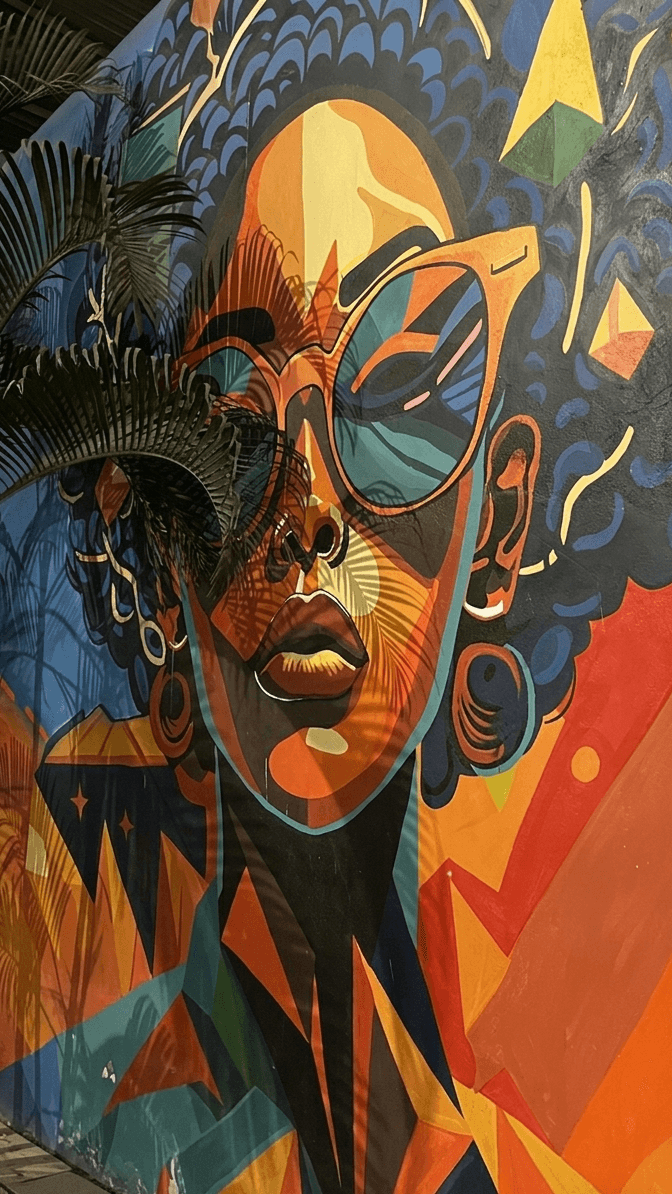 Colorful modern mural art featuring a stylish woman with sunglasses in geometric street art style