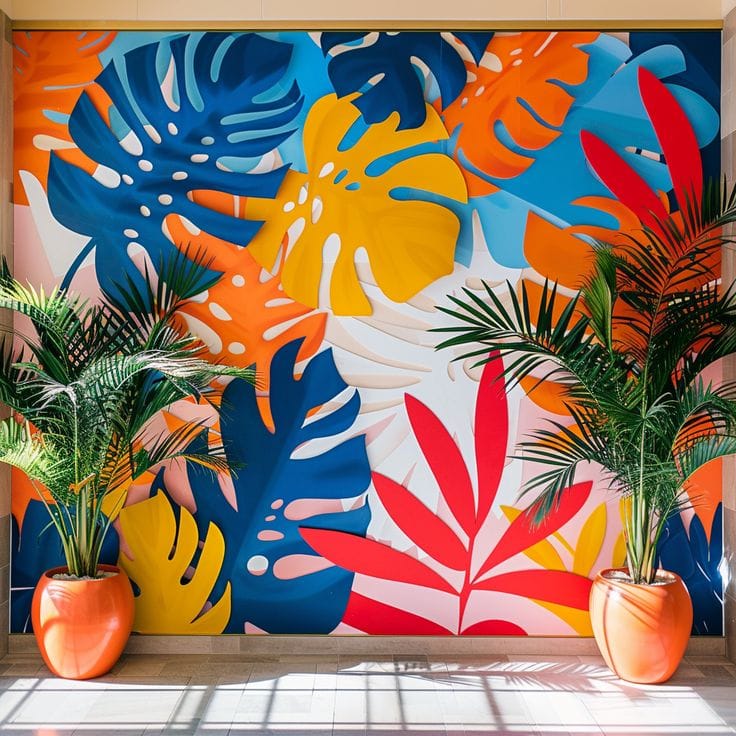 An orange, blue, and yellow monstera leaf mural is behind two orange potted plants.