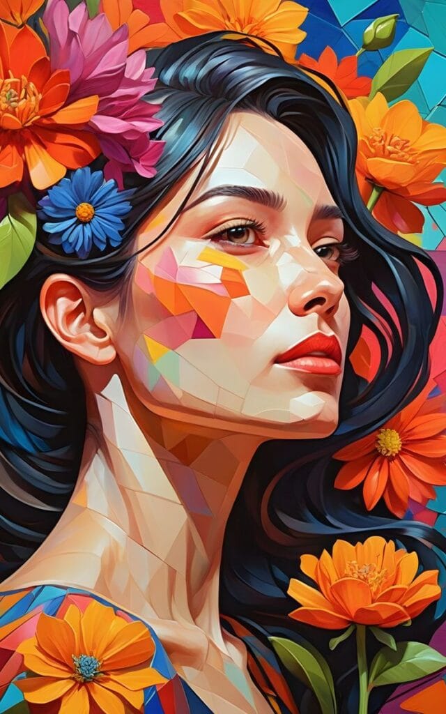 A high-contrast, vibrant digital portrait of a woman looking upward, rendered in a colorful mosaic style. Her face and neck feature sharp, multi-colored geometric facets in shades of orange, pink, and cream. She is surrounded by lush, bold orange, pink, and blue flowers that blend into her flowing dark hair. The background is a saturation of bright blue and teal geometric patterns, creating a high-energy, modern aesthetic.