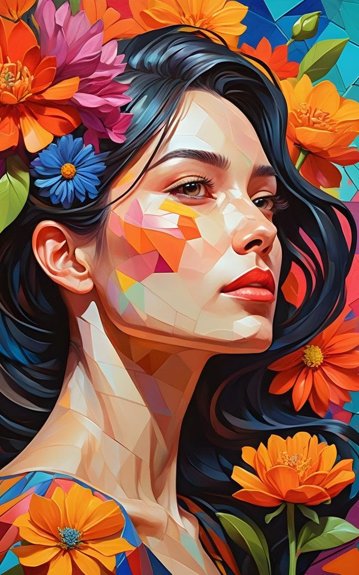 A high-contrast, vibrant digital portrait of a woman looking upward, rendered in a colorful mosaic style. Her face and neck feature sharp, multi-colored geometric facets in shades of orange, pink, and cream. She is surrounded by lush, bold orange, pink, and blue flowers that blend into her flowing dark hair. The background is a saturation of bright blue and teal geometric patterns, creating a high-energy, modern aesthetic.