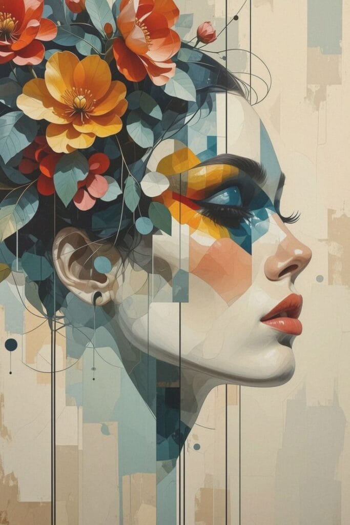 A side-profile digital illustration of a woman’s face, stylized with a cubist and geometric aesthetic. Her skin and hair are composed of soft beige, muted blue, and ochre polygons. Vibrant orange and red flowers are tucked into her dark hair, contrasting with a neutral, textured background featuring vertical lines and subtle geometric shapes. The overall mood is sophisticated and tranquil.
