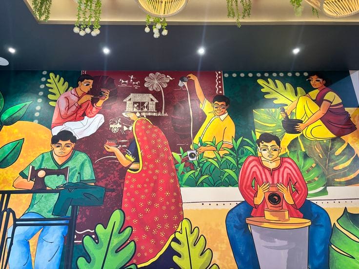 A colorful, stylized mural on an indoor wall showcasing various traditional activities. The artwork features people engaged in tasks such as sewing, pouring tea, grinding spices, and pottery. The design uses bold colors like red, yellow, and green, with large tropical leaves in the foreground and hanging plants above the wall.