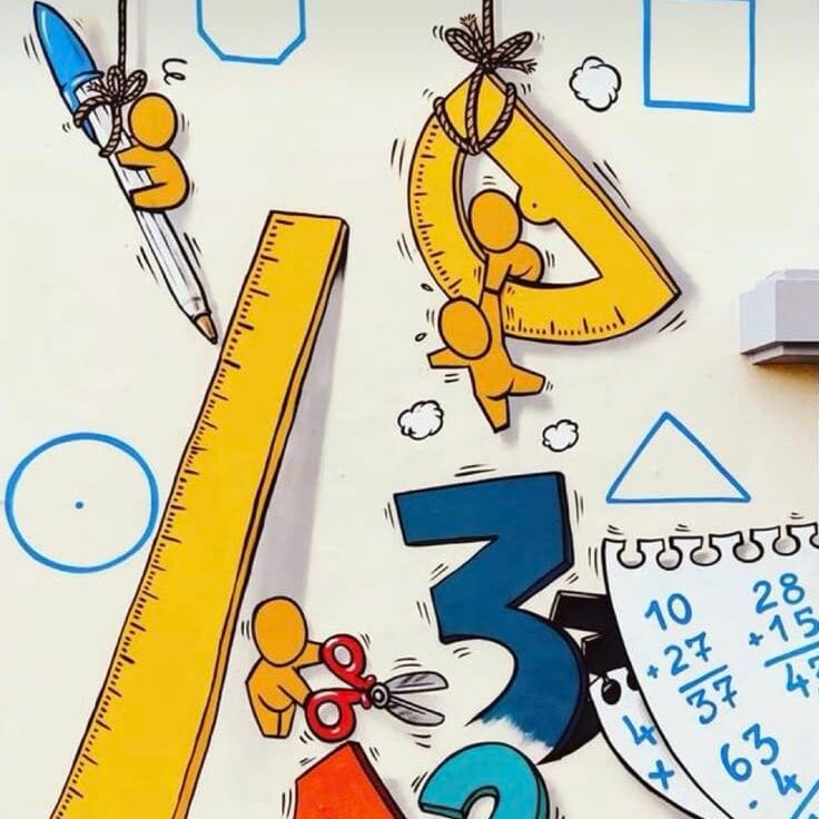 Colorful space-themed school wall mural with rocket, planets, stars, clouds, and playful abstract shapes in a classroom corridor.