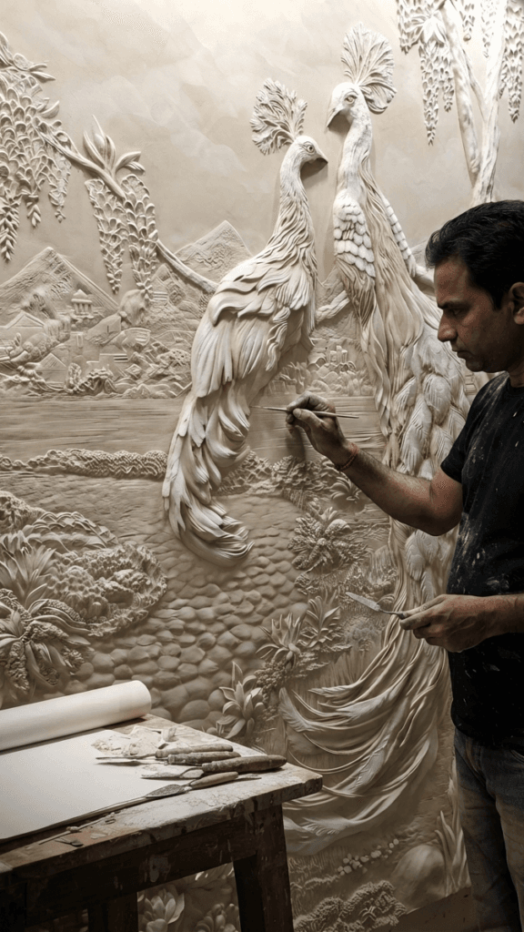 add a indian mural male artist, wearing a black t shirt, working on this relief work